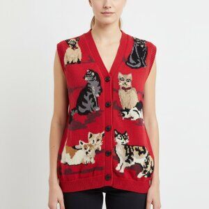 🐱 Susan Bristol Vintage Red Cat Sweater Vest – Size S Petites – Novelty Knit, B